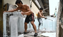 Workers move blocks of ice into a storage unit at a market during heatwave conditions in Bangkok. Photograph: Lillian Suwanrumpha/AFP/Getty Images