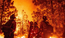 CalFire firefighters monitor a backfire during the Mosquito fire in Foresthill in September 2022. Photograph: Josh Edelson/AFP/Getty Images