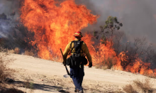 A firefighter walks toward flames as the Highland Fire burns in Aguana, California, on 31 October 2023. Photograph: David Swanson/AFP/Getty Images