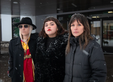From left, Corey Jocko, Shaylynn Sampson and Sleydo’ Molly Wickham stand outside the Smithers courthouse. All three were found guilty of criminal contempt of court today. Photo for The Tyee by Amanda Follett Hosgood.