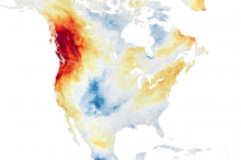 An image from the NASA Earth Observatory shows temperature anomalies across North America on June 27, 2021. Red areas show where air temperatures climbed more than 15 C higher than the 2014-20 average for the same day.