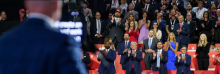 Former president Donald Trump looks on as Sean O'Brien, the president of the International Brotherhood of Teamsters speaks at Fiserv Forum on Sunday, July 15, 2024, on the first day of the Republican National Convention in downtown Milwaukee, Wis. (Photo by Jabin Botsford/The Washington Post via Getty Images)