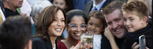 U.S. Vice President and Democratic presidential candidate Kamala Harris poses with supporters during a campaign event at Ripon College in Ripon, Wisconsin, October 3, 2024. (Photo by Kamil Krzaczynski/AFP via Getty Images)