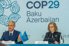 UN Environment Programme Executive Director Inger Andersen and the COP29 President-Designate, H.E. Mukhtar Babayev the COP29 President-Designate address the press. (Photo: UNEP/Ahmed Nayim Yussuf)