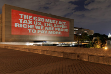 A projection message from a group of "patriotic millionaires" ahead of the most recent G20 conference in Brazil. Taxing the rich was a theme at this year's G20. In Rio, activists projected more messages on buildings, demanding that international delegates "tax the super rich for people and planet."