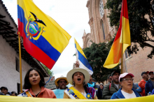 People participate in a protest called by Indigenous, rural and urban groups opposing the Dundee Precious Metals' Loma Larga mining project and demanding the protection of local waters, in Cuenca, Ecuador, September 16, 2025. REUTERS/Maria Fernanda Garcia Purchase Licensing Rights