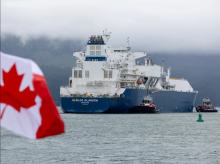 The LNG tanker GasLog Glasgow prepares to depart LNG Canada's shipping terminal in Kitimat on June 30 carrying the first export cargo of supercooled liquefied natural gas from B.C. to Asia. Photo by rob trendiak photography