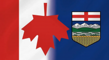 Alberta flag with upside down Maple Leaf flag