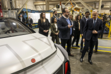 Automotive Parts Manufacturers’ Association President Flavio Volpe shows Prime Minister Mark Carney, front right, the Project Arrow 2.0 prototype vehicle during a tour of an auto-parts plant, Woodbridge, Ont., February 5, 2026. Photo by: Eduardo Lima / The Canadian Press