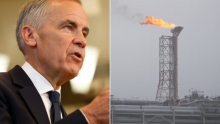 A flare fires off from the LNG Canada plant in Kitimat, B.C., on April 11, 2025, where a Phase 2 expansion has been approved. (Patrick Doyle/The Canadian Press, Chris Corday/CBC)