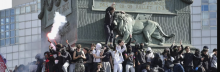 Protesters are seen on the July Column during a protest on Place de la Bastille on October 08, 2026 in Paris, France. (Photo by Remon Haazen/Getty Images)