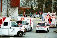 Ambulances arrive at Surrey Memorial Hospital on April 2, 2020. Photo by Joshua Berson.