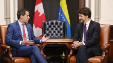 Self-proclaimed Interim President of Venezuela, Juan Guaidó, speaks with Prime Minister Justin Trudeau in Ottawa. Photo by Dave Chan/AFP.