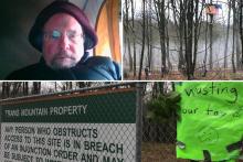 Clockwise from top left: SFU professor Tim Takaro, his treehouse protest site along the TMX route in Burnaby and a sign put up warning of an injunction order in effect. Twitter / Facebook / Protect the Planet Stop TMX