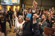 Federal NDP Leader Jagmeet Singh and Ontario NDP Leader Andrea Horwath celebrate during the provincial party's bi-annual convention in Hamilton, Ont. on June 16, 2019. Photo by Tijana Martin