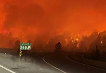 Time to reroute our plans. Fire near the Coquihalla Highway on Aug. 15, 2021. Photo by BC Ministry of Transportation.